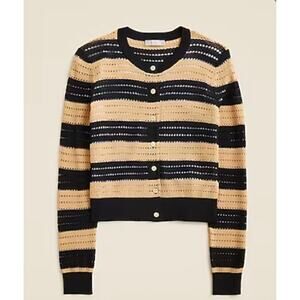 J. Crew Pointelle-Stitch Cardigan in Black and Tan Stripe Sz XS NWT